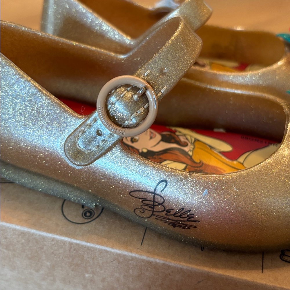 Mini Melissa Gold Belle Dress Shoes with Red Rose Accent - Picture 6 of 9